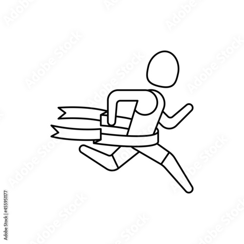 Runner at finish tears ribbon. Winner, champion. Thin line icon. Modern vector illustration.