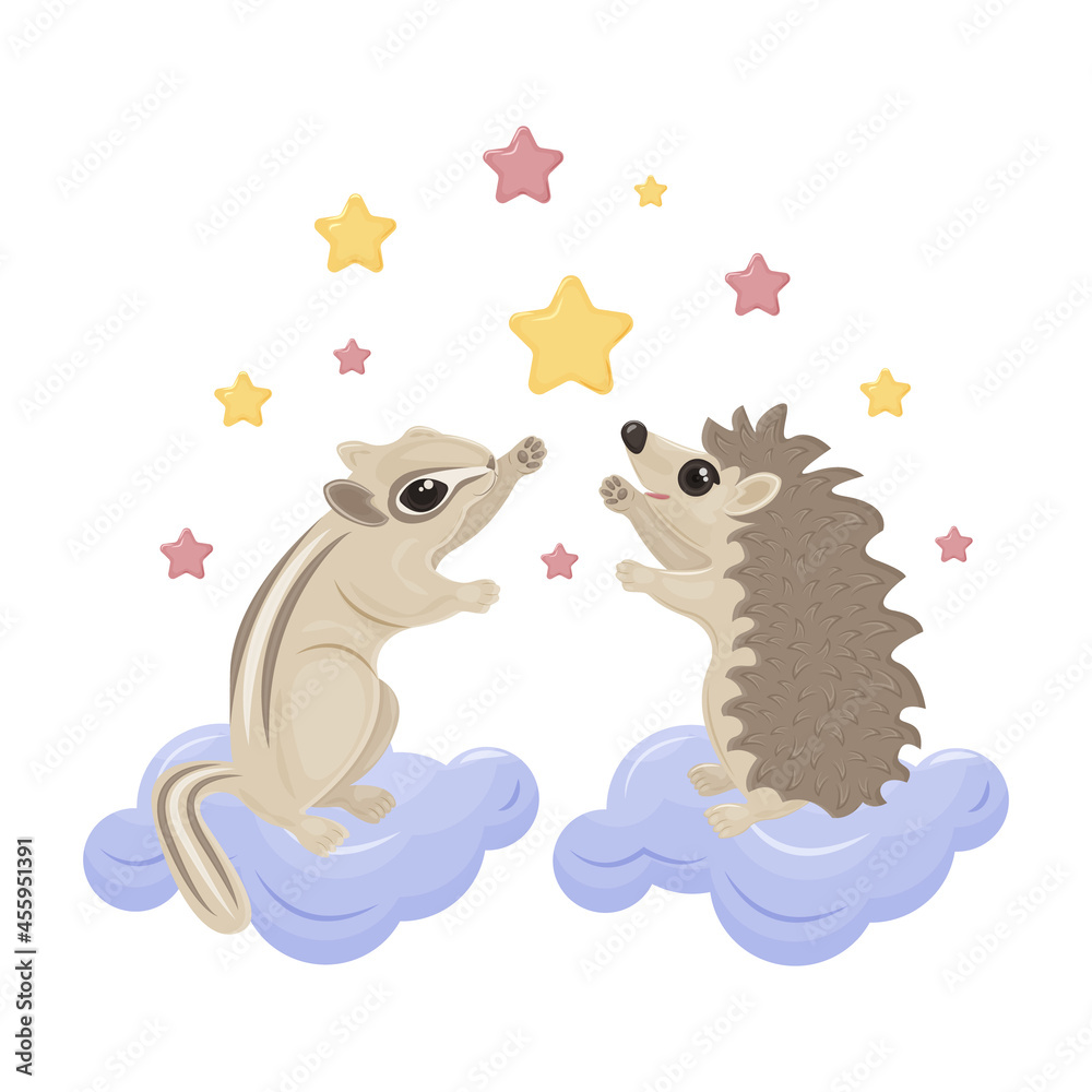 Obraz premium A bright cute children s illustration with the image of a cute hedgehog and a chipmunk sitting on a cloud surrounded by colorful stars. Children s illustration for a print. Vector