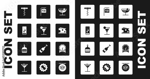 Set Cocktail, Martini glass, Effervescent tablets water, Wine corkscrew, Cheese, Street signboard with Pub, Wooden barrel on rack and Alcohol drink Rum bottle icon. Vector