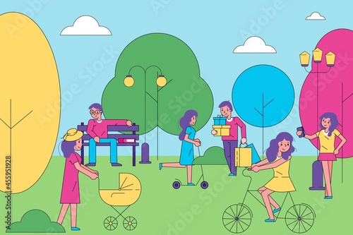 People character together walk in city park  group of human stroll urban garden  cheerful time spend line flat vector illustration.