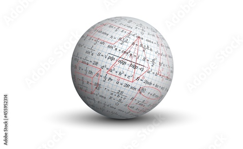 Background for a geometry presentation. Drawings and formulas for geometry on an isolated ball. A white three-dimensional sphere with a graphic image of the paper texture and a set of formulas.