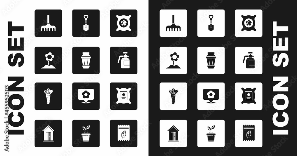 Set Pack full of seeds of plant, Garden light lamp, Flower, rake, sprayer for fertilizer, Shovel, and Carrot icon. Vector