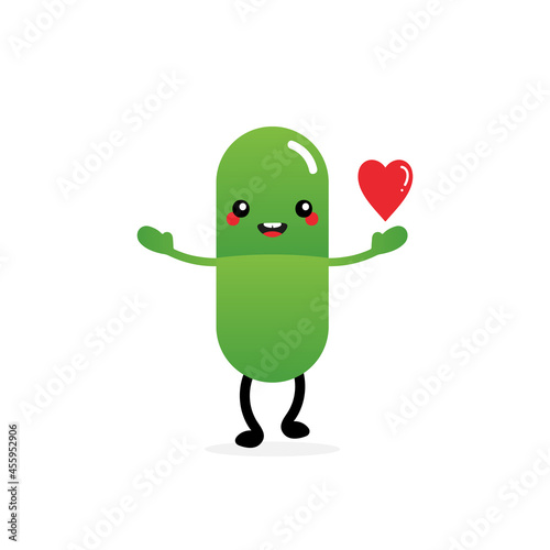 Cute cartoon style smiling green pill character holding in hand red heart. Love and care concept.

