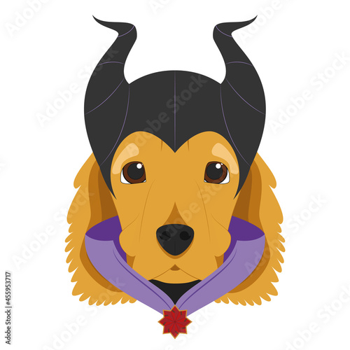 Halloween greeting card. English Cocker Spaniel dog dressed as a maleficent witch with hat and cape