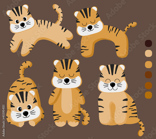 Fototapeta Naklejka Na Ścianę i Meble -  A collection of cute cartoon tiger cubs. A set of 5 cute characters, a funny tiger cub. Vector flat hand-drawn doodle style. For children's decor, children's room design, banner, logo, pattern. Print