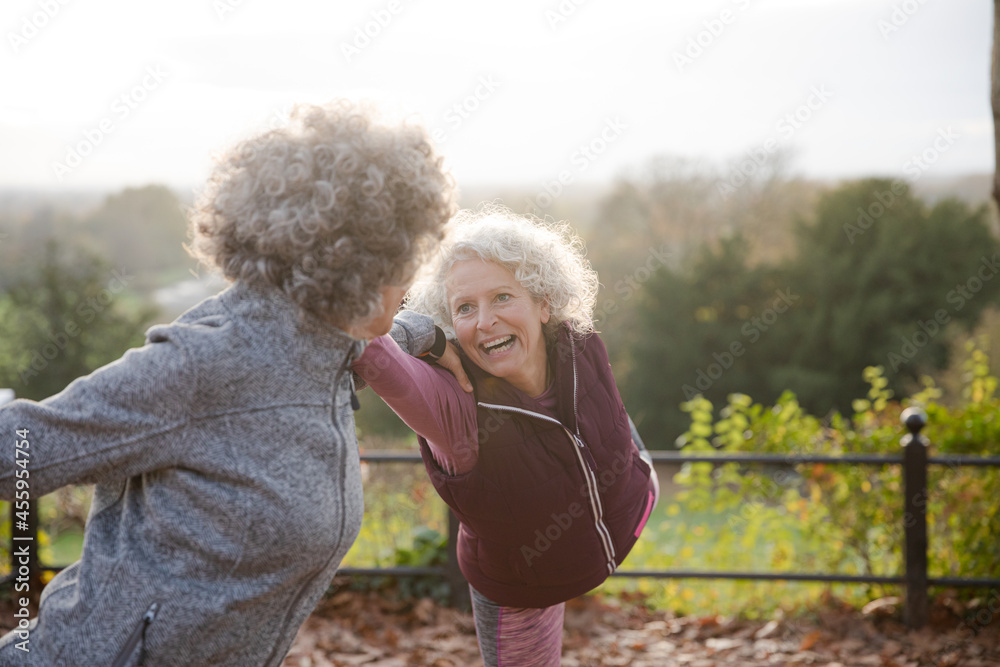 Active senior women friends doing exercise in autumn park Active senior women friends doing exercise in autumn park