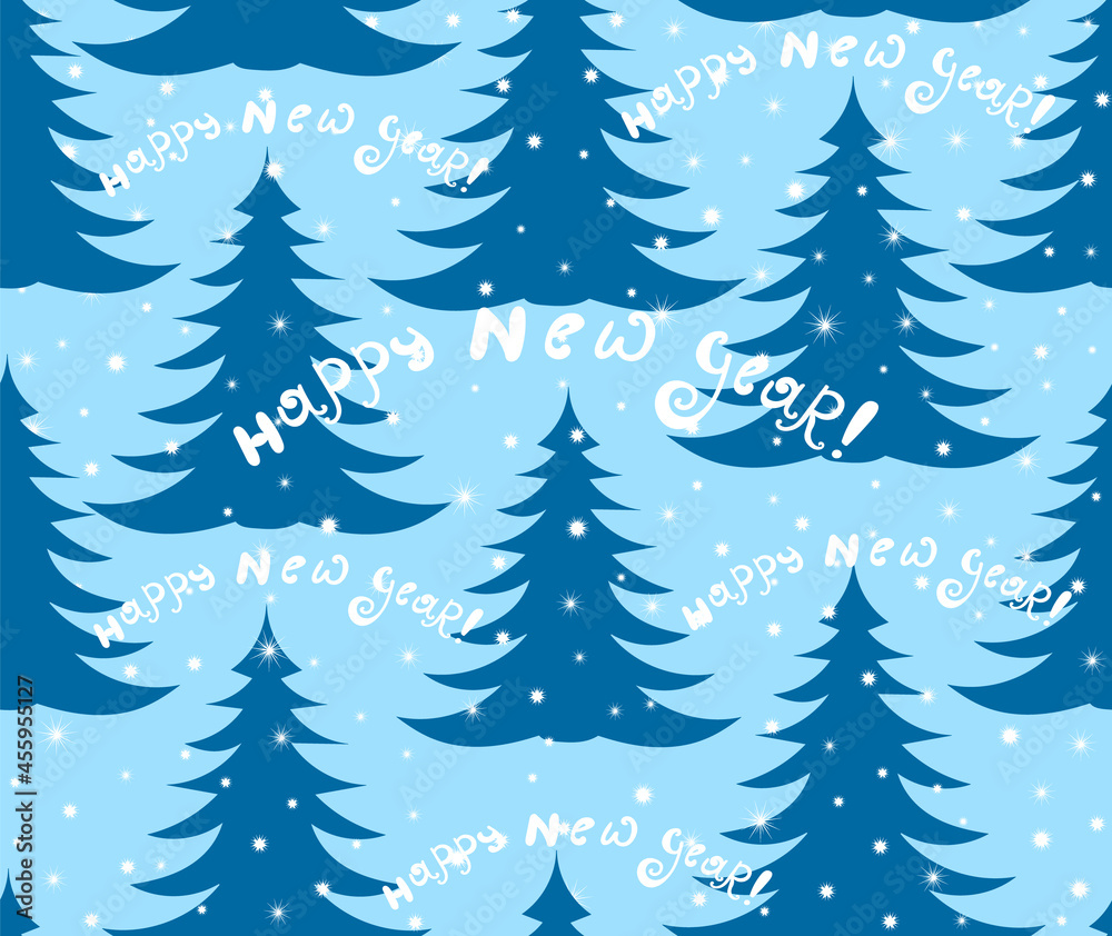 Festive winter vector seamless background with Christmas trees and the text: 