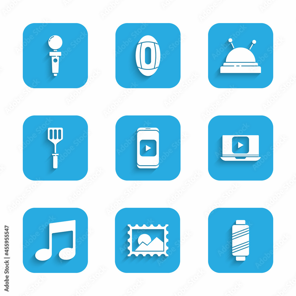 Set Online play video, Postal stamp, Sewing thread on spool, Music note, tone, Spatula, Needle bed and needles and Joystick for arcade machine icon. Vector Set Online play video, Postal stamp, Sewing thread on spool, Music note, tone, Spatula, Needle bed and needles and Joystick for arcade machine icon. Vector