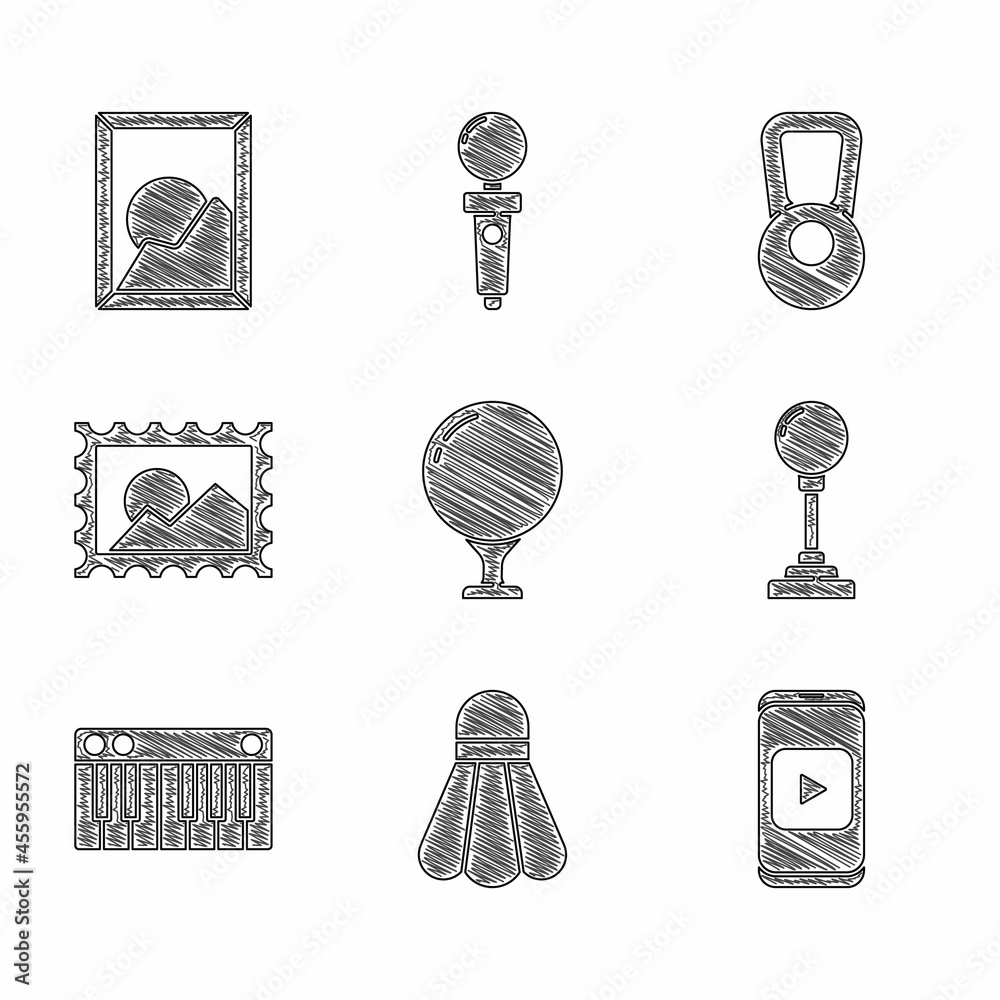 Set Golf ball on tee, Badminton shuttlecock, Online play video, Joystick for arcade machine, Music synthesizer, Postal stamp, Kettlebell and Picture landscape icon