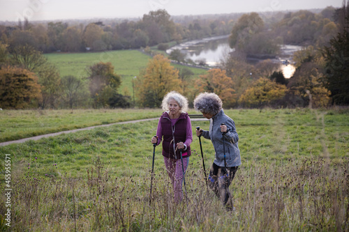 Active senior women friends with walking sticks in autumn park