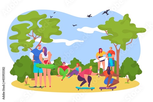 Teenager children character people together ride skateboard, extreme hobby workout park place flat vector illustration, isolated on white.