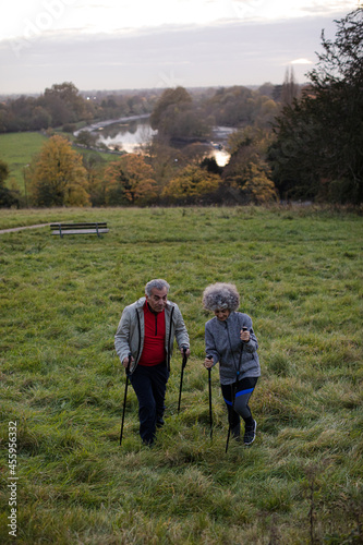 Smiling, affectionate senior couple wih walking sticks