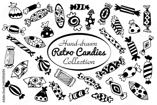 A collection of hand-drawn candies and bonbons retro style  vintage confectionery doodles