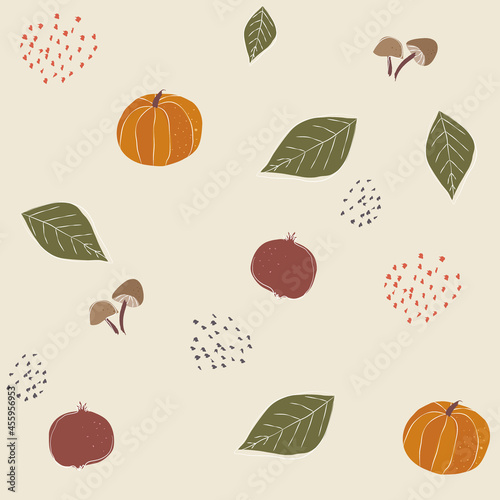 Autumnal pattern with fall season fruits and veggies. Seamless, loopable and vectorized. Pumpkin, pomegranate and mushrooms with leaves and abstract elements. Autumn leaf colors. 