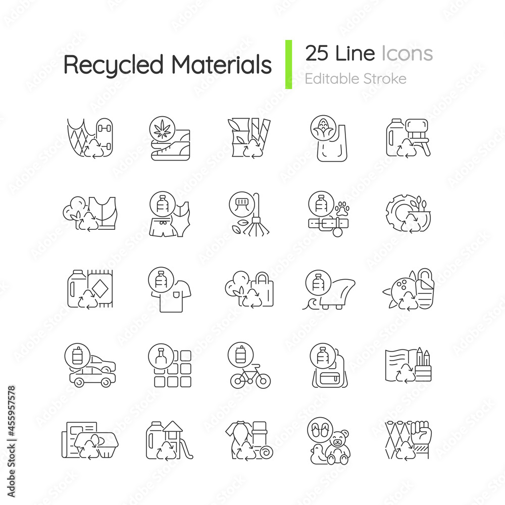 Recycled materials linear icons set. Sustainable option. Eco friendly product. Pollution control. Customizable thin line contour symbols. Isolated vector outline illustrations. Editable stroke