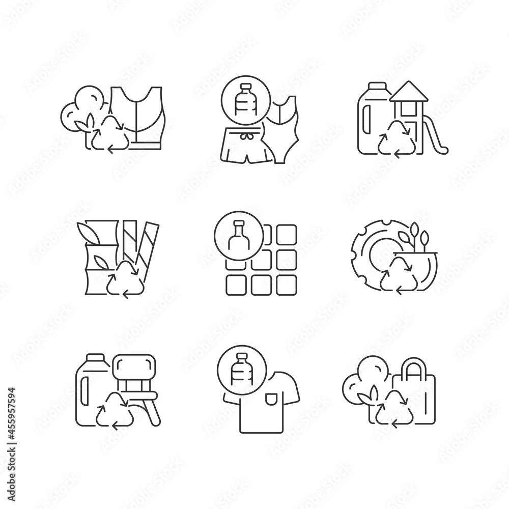 Fototapeta premium Natural resources conservation linear icons set. Reuse plastic products. Eco-friendly trend. Zero waste. Customizable thin line contour symbols. Isolated vector outline illustrations. Editable stroke