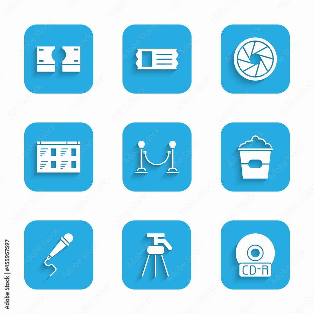 Set Rope barrier, Tripod, CD or DVD disk, Popcorn in box, Microphone, Online play video, Camera shutter and Stacks paper money cash icon. Vector Set Rope barrier, Tripod, CD or DVD disk, Popcorn in box, Microphone, Online play video, Camera shutter and Stacks paper money cash icon. Vector