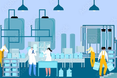 Cleaning drink water, purification factory aquatic production, special filter technology flat vector illustration, treatment plant.