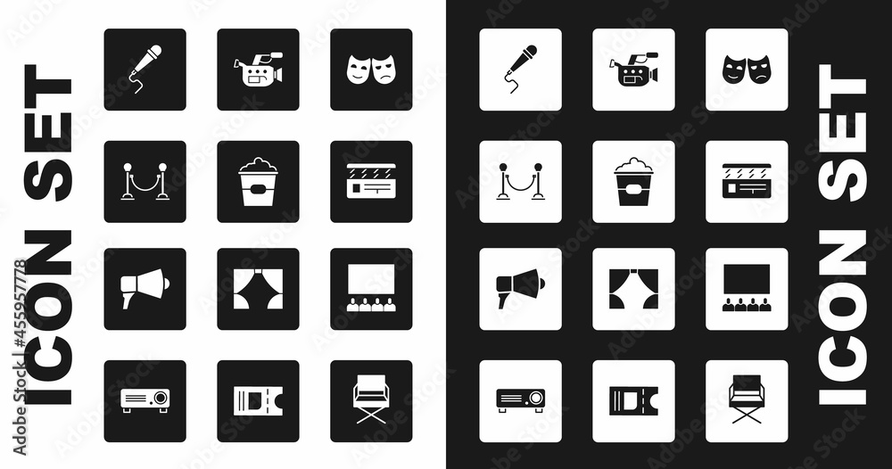 Set Comedy and tragedy masks, Popcorn in box, Rope barrier, Microphone, Movie clapper, Cinema camera, auditorium with screen and Megaphone icon. Vector Set Comedy and tragedy masks, Popcorn in box, Rope barrier, Microphone, Movie clapper, Cinema camera, auditorium with screen and Megaphone icon. Vector