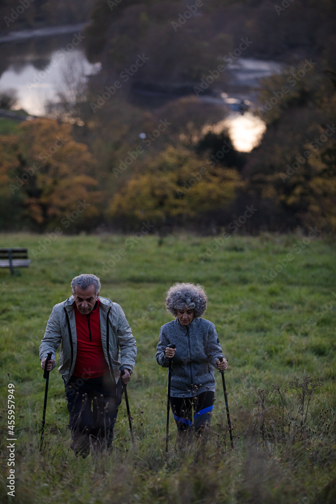 Smiling, affectionate senior couple wih walking stick Smiling, affectionate senior couple wih walking stick