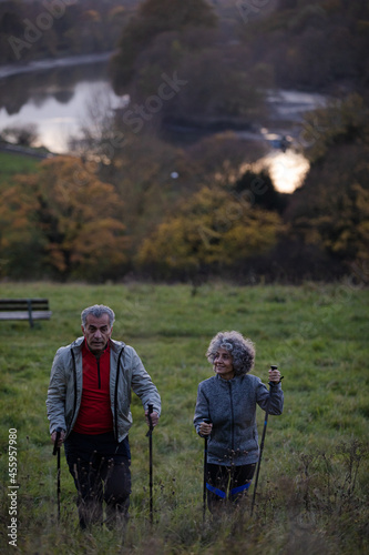 Smiling, affectionate senior couple wih walking stick