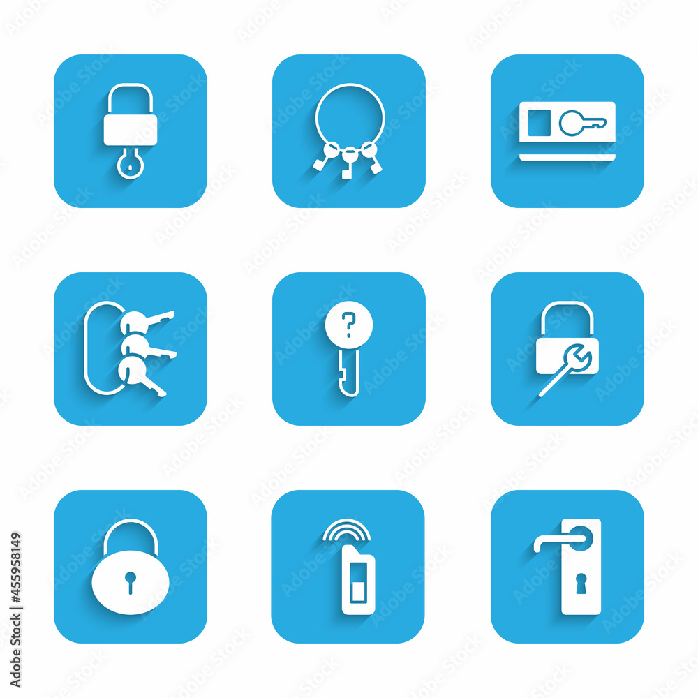 Set Undefined key, Car with remote, Door handle, Lock repair, Bunch of keys, Key card and icon. Vector Set Undefined key, Car with remote, Door handle, Lock repair, Bunch of keys, Key card and icon. Vector