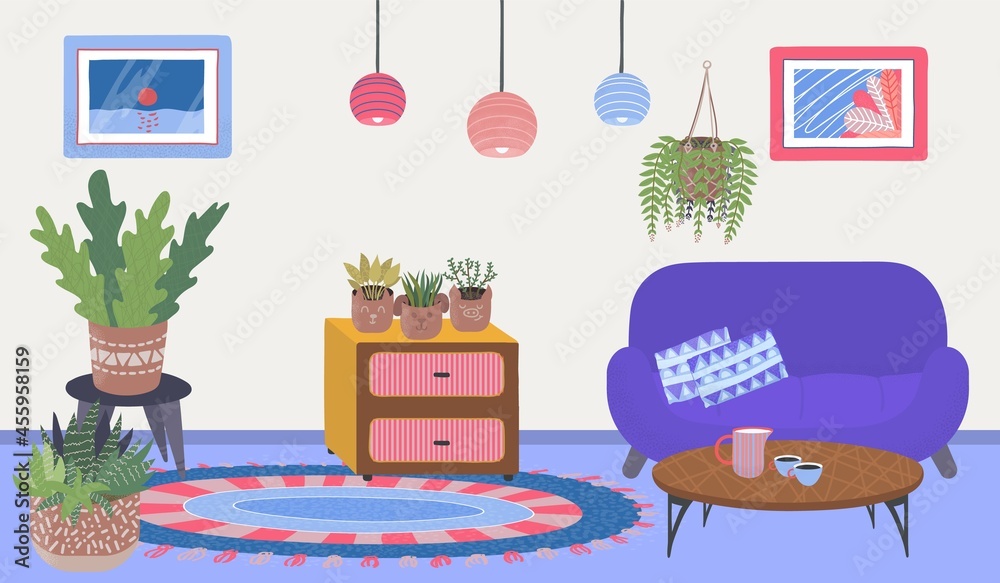 Comfortable house apartment room place, cozy home plants relax cabinet with wooden table flat vector illustration, soft couch and floor carpet.