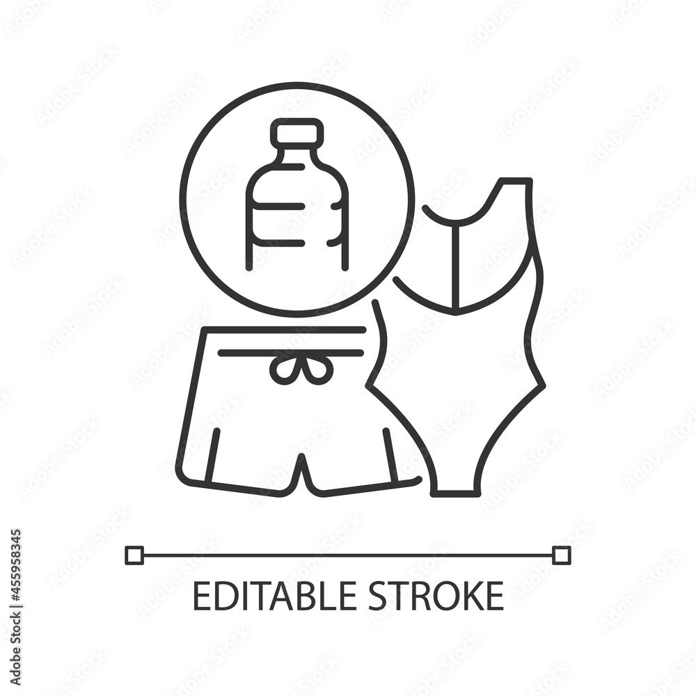 Swimsuit from plastic bottles linear icon. Recycled plastic waste. Ethical bathing suit. Thin line customizable illustration. Contour symbol. Vector isolated outline drawing. Editable stroke Swimsuit from plastic bottles linear icon. Recycled plastic waste. Ethical bathing suit. Thin line customizable illustration. Contour symbol. Vector isolated outline drawing. Editable stroke