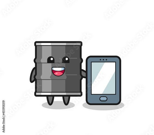 oil drum illustration cartoon holding a smartphone