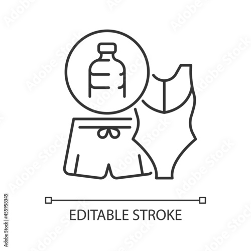 Swimsuit from plastic bottles linear icon. Recycled plastic waste. Ethical bathing suit. Thin line customizable illustration. Contour symbol. Vector isolated outline drawing. Editable stroke