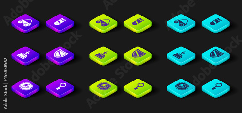 Set Ancient coin, Old key, Sword the stone, Shield, Quiver with arrows and Wooden four-wheel cart icon. Vector