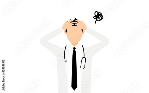 白衣の男性医師が頭を抱える・困るポーズ