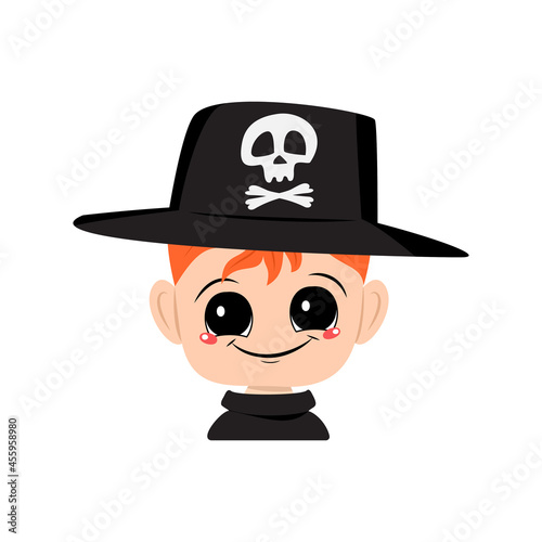 Avatar of a boy with red hair, big eyes and a wide happy smile wearing a hat with a skull. The head of a child with a joyful face. Halloween party decoration