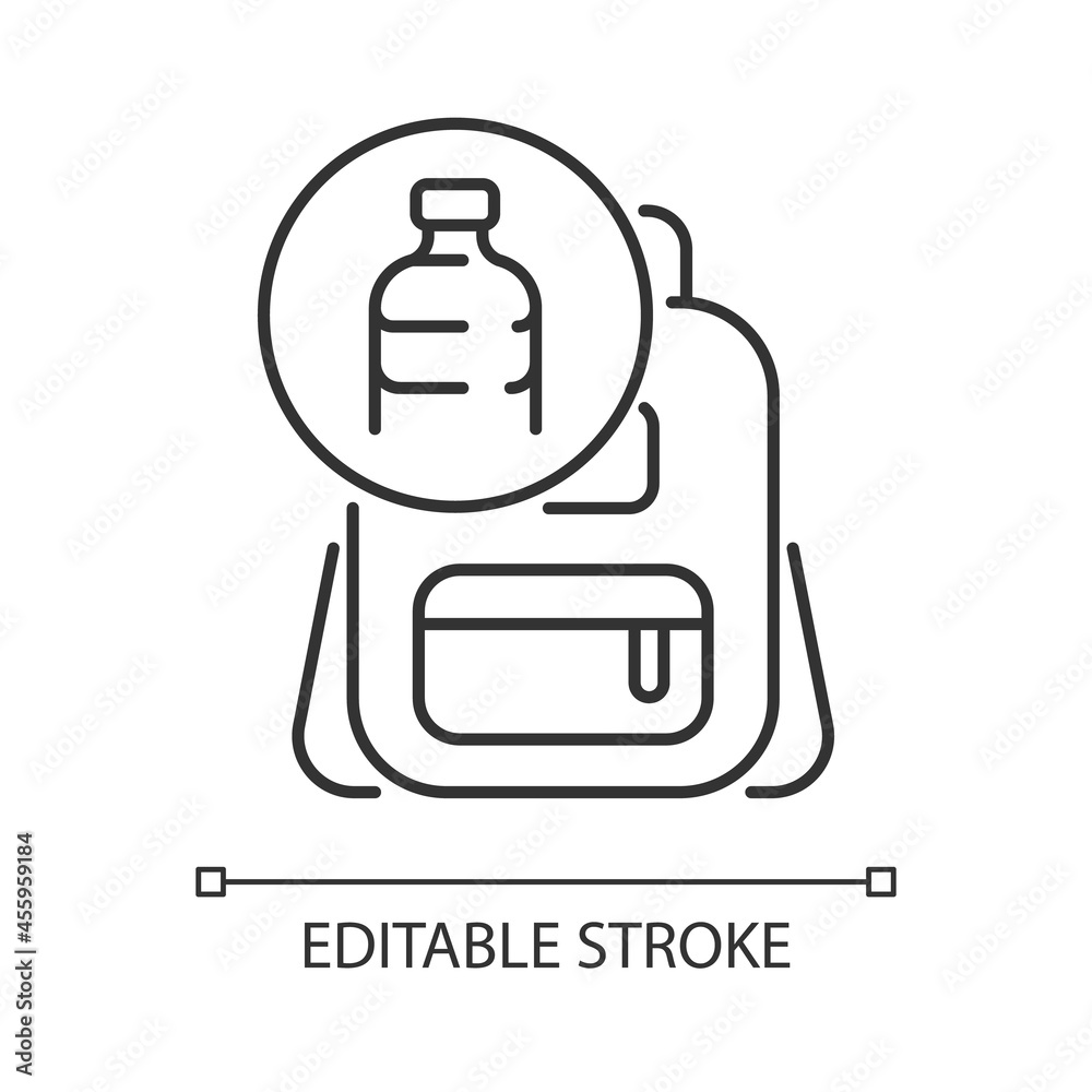 Backpack made from plastic linear icon. Sustainable bags. Repurposing water bottles. Thin line customizable illustration. Contour symbol. Vector isolated outline drawing. Editable stroke