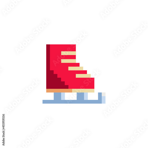 Red figure skates pixel art icon. Design for stickers, shoe store logo, mobile app. Game assets 8-bit sprite. Isolated vector illustration.