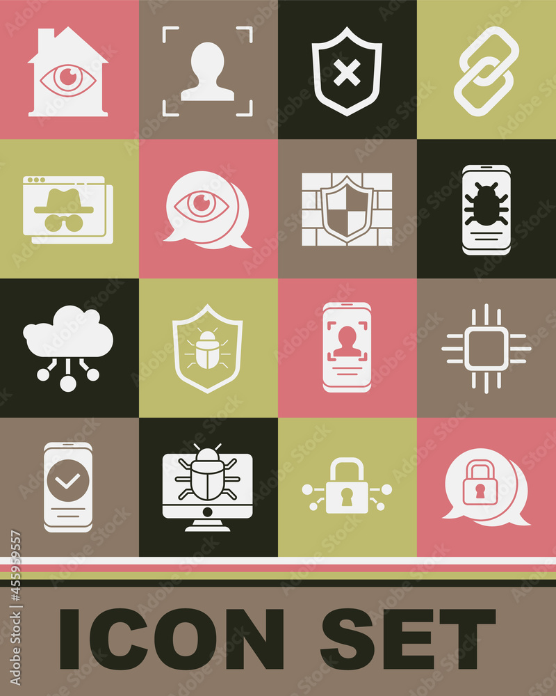 Set Cyber security, Processor with microcircuits CPU, System bug on mobile, Shield cross mark, Eye scan, Browser incognito window, House eye and brick wall icon. Vector Set Cyber security, Processor with microcircuits CPU, System bug on mobile, Shield cross mark, Eye scan, Browser incognito window, House eye and brick wall icon. Vector