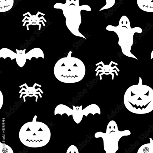 Seamless pattern Halloween silhouettes vector illustration. Spooky spider pumpkin bat 