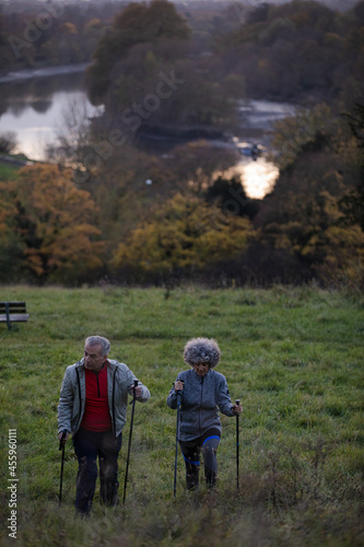 Smiling, affectionate senior couple wih walking stick