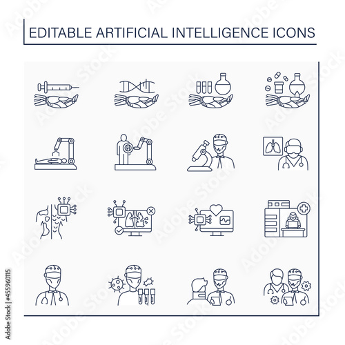 AI diagnostic line icons set. Modern technologies in medical sphere. Help to everyone. Digital technologies concept. Isolated vector illustrations. Editable stroke