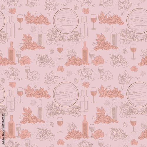 rosy seamless pattern with grapes and wine bottles - vector silhouettes on background