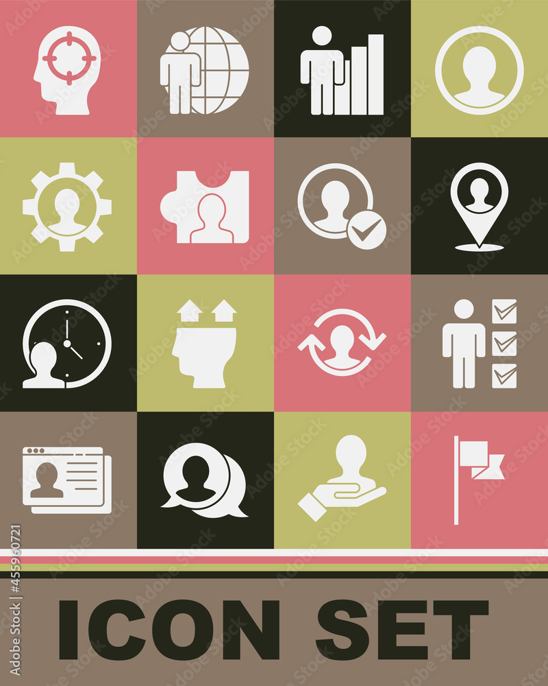 Set Location marker, User of man in business suit, with person, Productive human, Head hunting, Human gear, and Create account screen icon. Vector Set Location marker, User of man in business suit, with person, Productive human, Head hunting, Human gear, and Create account screen icon. Vector