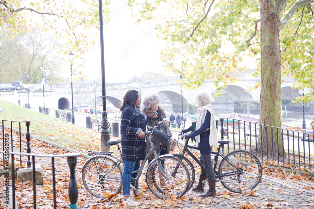 Obraz premium Portrait confident, smiling senior women bike riding in autumn park