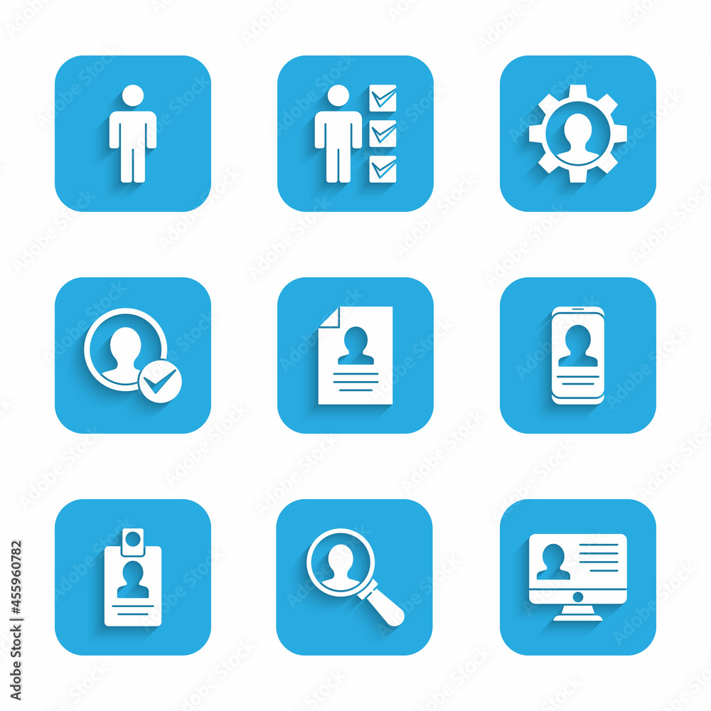Set Resume, Magnifying glass for search, Monitor with resume, Mobile, Identification badge, Create account screen, Human gear and User of icon. Vector Set Resume, Magnifying glass for search, Monitor with resume, Mobile, Identification badge, Create account screen, Human gear and User of icon. Vector