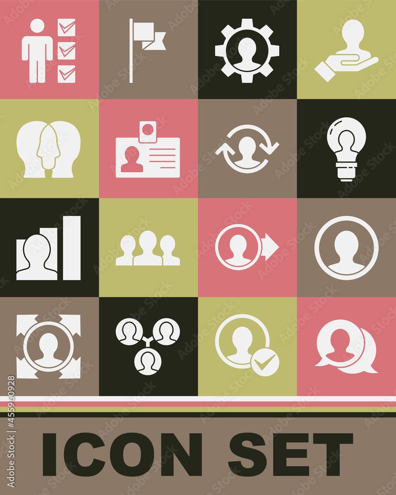 Set Speech bubble chat, Create account screen, Head with lamp bulb, Human gear, Identification badge, Project team base, User of in business suit and resources icon. Vector Set Speech bubble chat, Create account screen, Head with lamp bulb, Human gear, Identification badge, Project team base, User of in business suit and resources icon. Vector