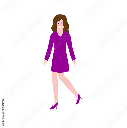 A beautiful girl in a fashionable dress with long sleeves and high heels, a young woman dressed in a stylish elegant outfit. Flat design style.
