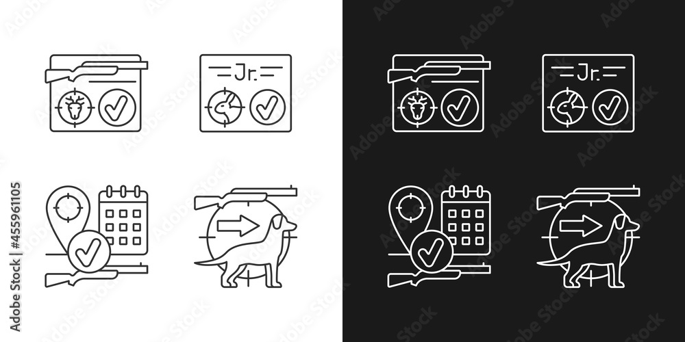 Hunting regulations linear icons set for dark and light mode. Hunt season. Pursue and capture game with dog. Customizable thin line symbols. Isolated vector outline illustrations. Editable stroke