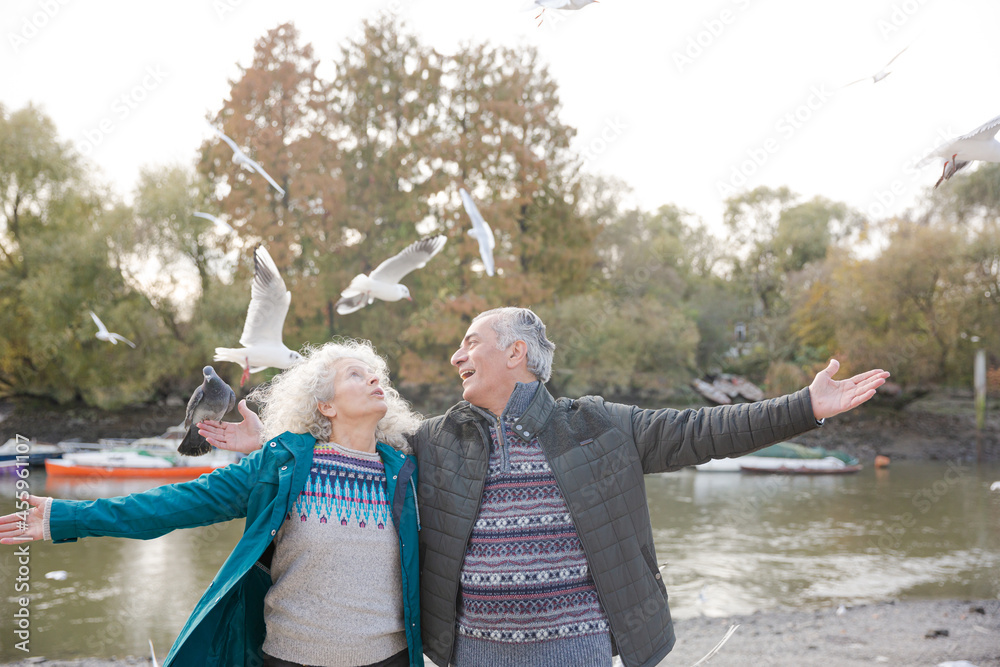 Fototapeta premium Smiling, affectionate senior couple hugging in park with flying birds
