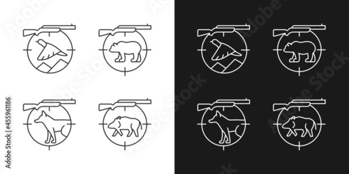 Big and small game hunting linear icons set for dark and light mode. Hunting weapon to kill boar and deer. Customizable thin line symbols. Isolated vector outline illustrations. Editable stroke © bsd studio