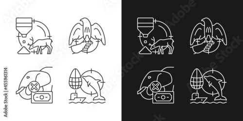 Illegal hunting linear icons set for dark and light mode. Dolphin and elephant cruel hunt. Unlawful ivory trade. Customizable thin line symbols. Isolated vector outline illustrations. Editable stroke