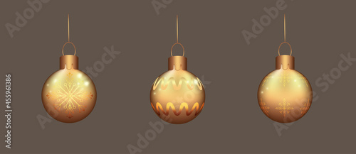 Golden realistic Christmas balls set on dark background. Made in vector.